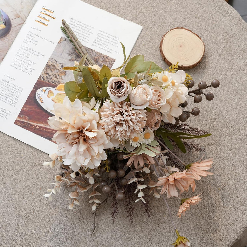 16-inch Artificial Fake Flowers Silk Table Arrangements Faux Plastic Floral Centerpieces for Home with Roses, Dandelions, Daisies, Hydrangea, Eucalyptus, Chrysanthemums and Hollyberries