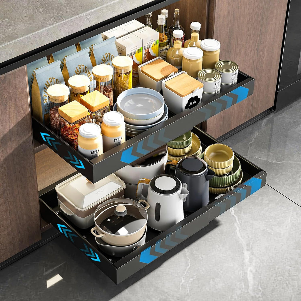 Mustorn 2 Pack Pull Out Cabinet Organizer, Slide Out Drawers for Cabinets, Peel and Stick, Heavy Duty Shelves for Kitchen, Cupboard, Pantry, Bathroom (14.76" D*9.65" W*7.87" H-Black)