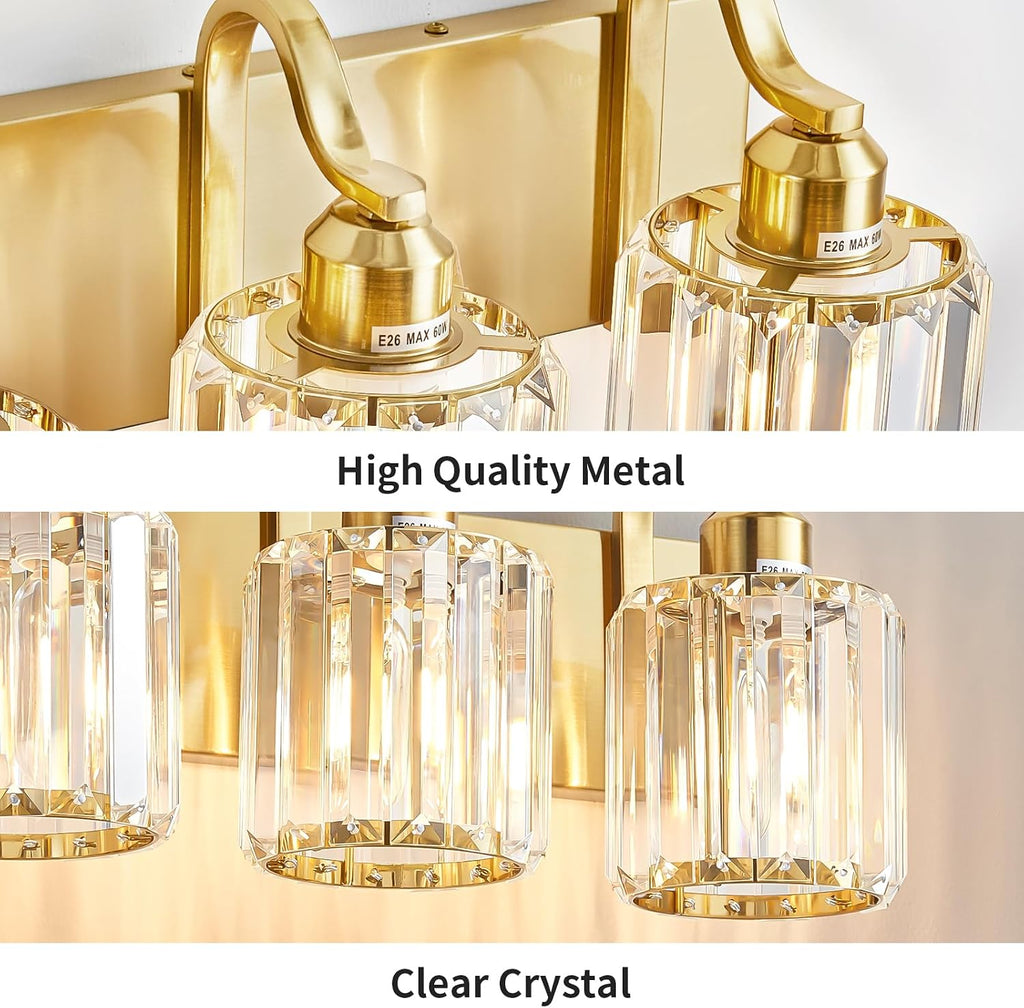 3-Light Gold Bathroom Light Fixtures,Modern Bathroom Vanity Lights Fixture with Clear Crystal Glass Shade, Modern Crystal 3 Lights Wall Sconce (Exclude Bulb)