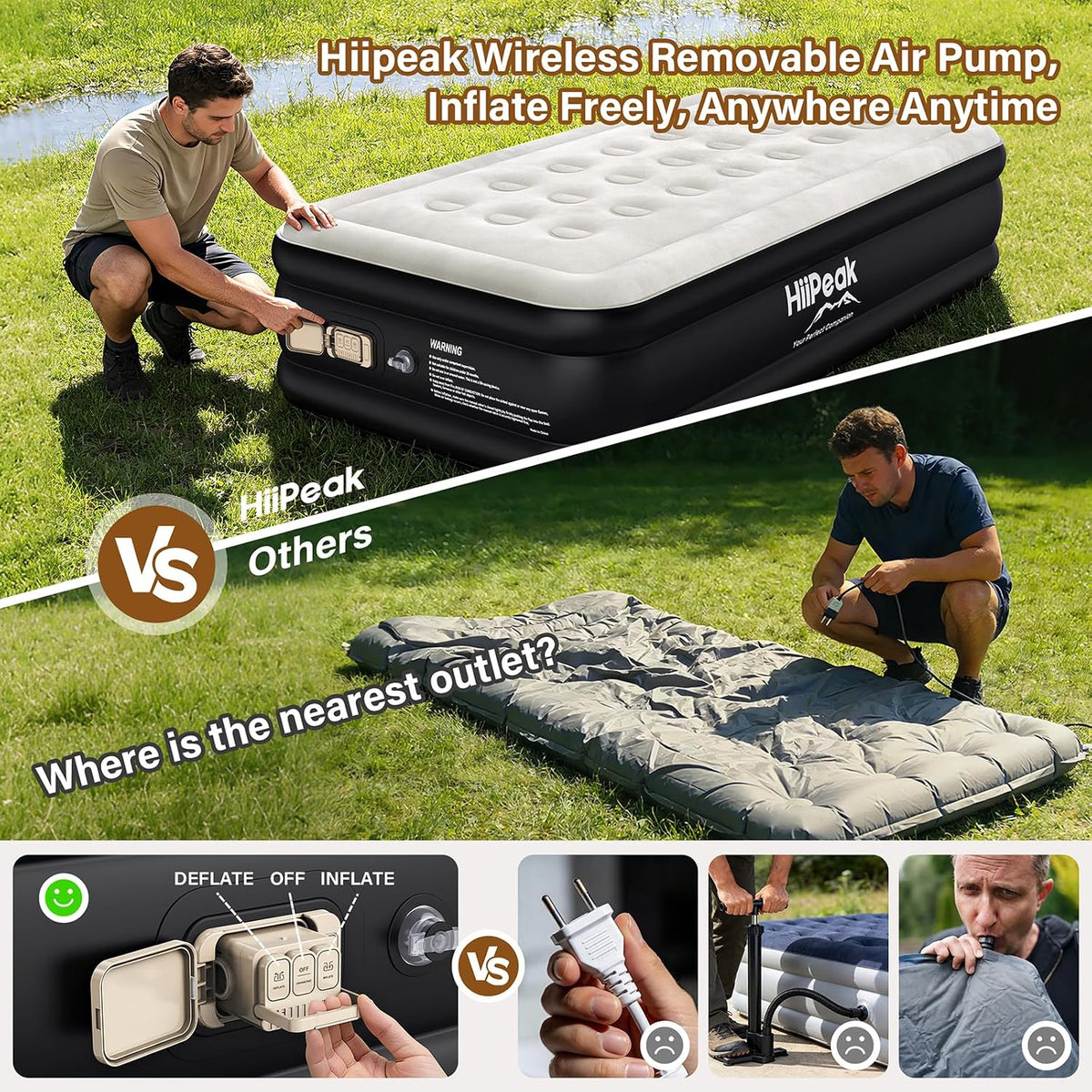 HiiPeak Queen Air Mattress with Built in Wireless Removable Pump, Inflatable Air Mattress Durable Suede Topper Inflatable Blow up Mattress, Portable Air Bed for Camping, Guests, Home