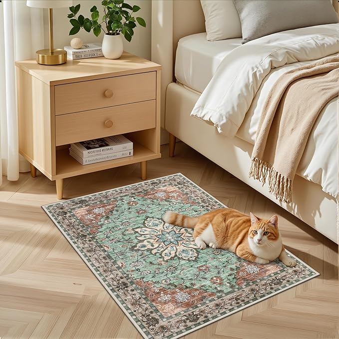 2x3 Area Rugs Living Room Rug: Washable Vintage Distressed Floral Rug No Slip - Image 3
