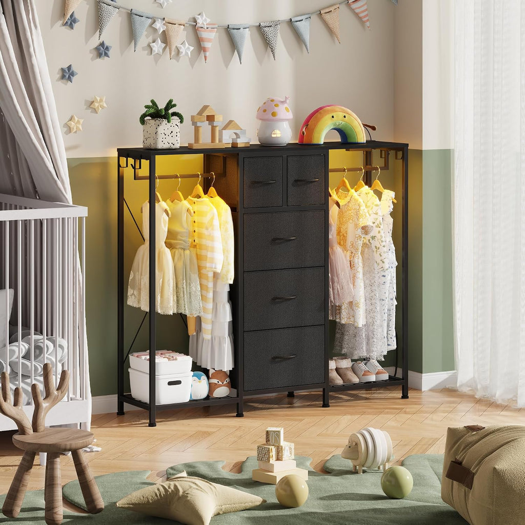 HIGDBFE 5-Drawer Dresser with 2 Hanging Racks, Black, 49.2" W