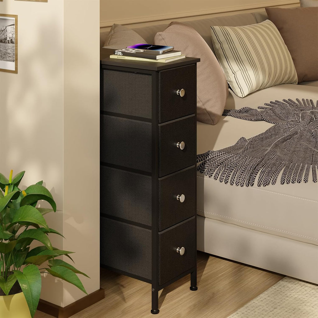Fixwal Narrow Storage Cabinet, Slim Dresser with 4 Fabric Drawers, Black