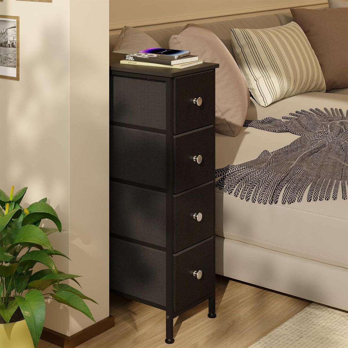 Fixwal Narrow Storage Cabinet, Slim Dresser with 4 Fabric Drawers, Black