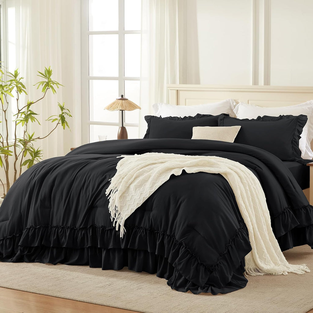 Andency Black Ruffle Comforter Set Queen Size, 3 Pieces