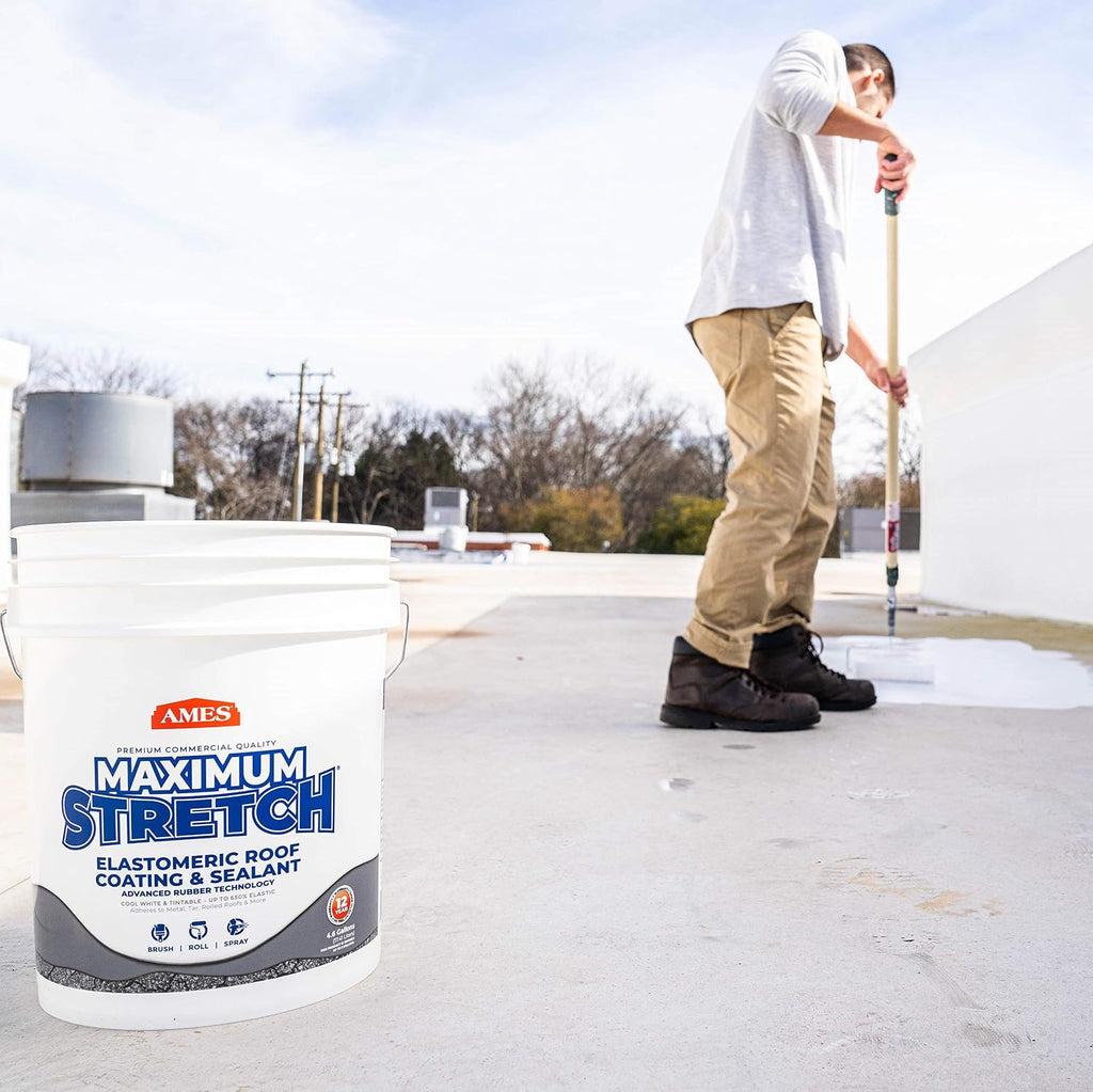 Ames Maximum Stretch - Waterproof Sealant Membrane - Perfect For Roofing, Repairs, Concrete, EPDM & Wood - Liquid Rubber Sealer - Up To 650% Elastic - Made in USA, White, 4.6 Gallon (Pack of 1)