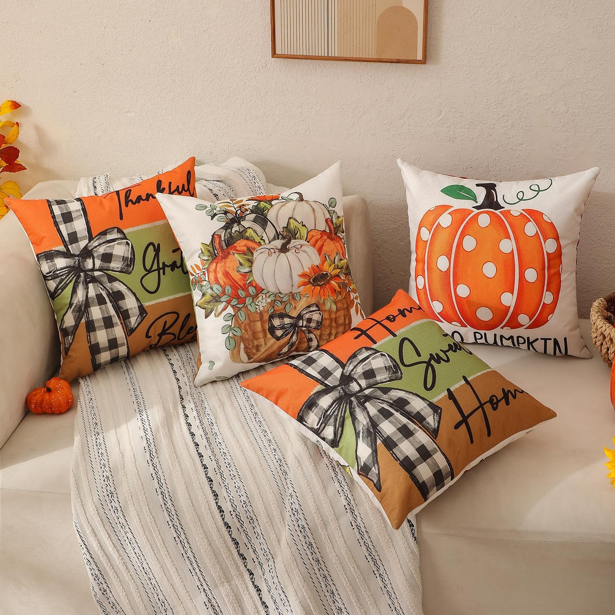 multiwins Fall Pillow Covers Pumpkin Polka Dot 20x20 4Pcs Double-Sided