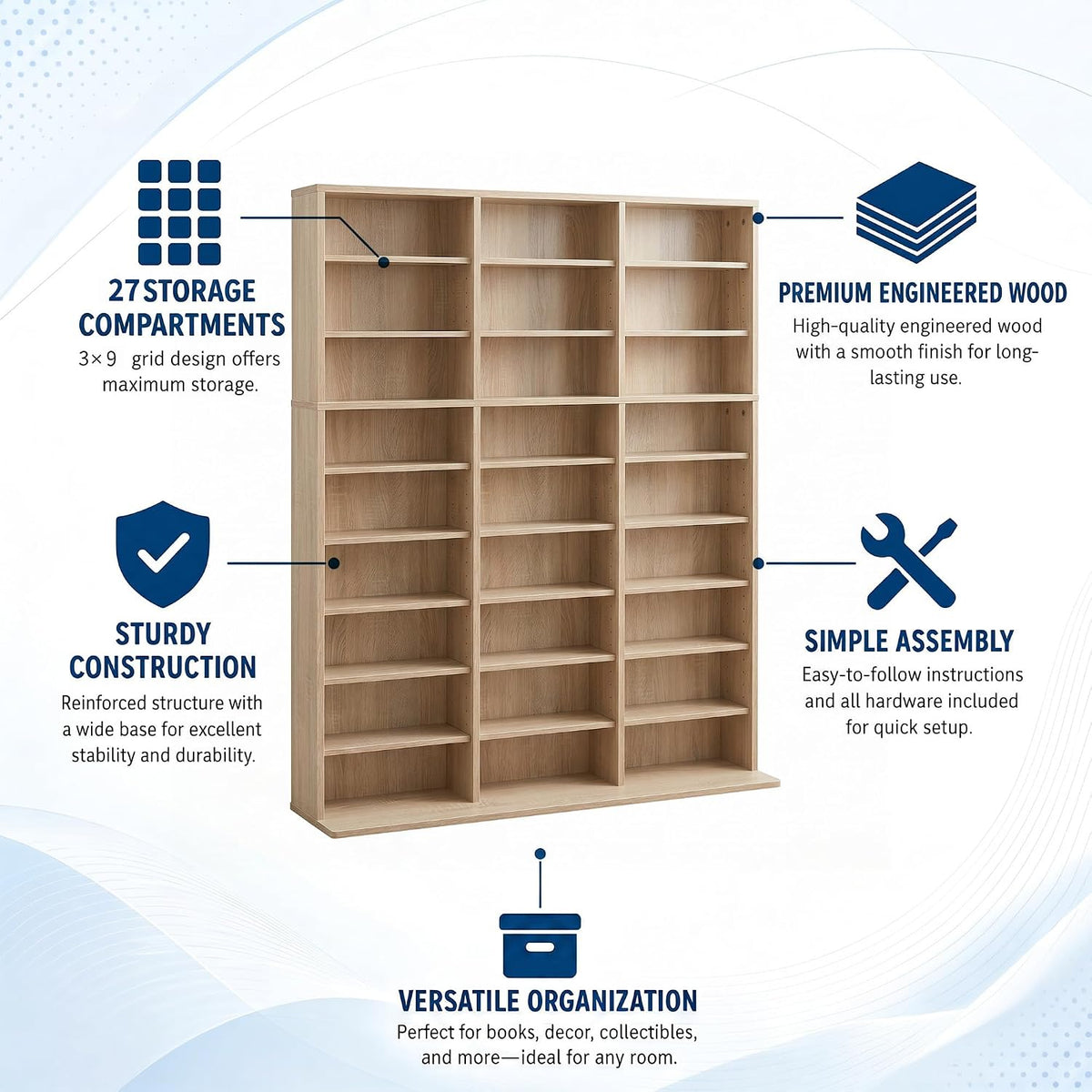 Garvee 9 Tier Tall CD Display Cabinet, 27-Compartment Media Tower, Natural