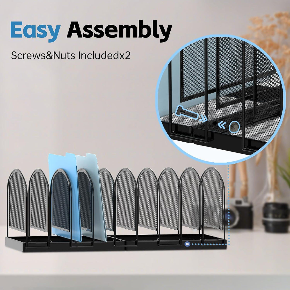 9-Section File Organizer for Desk, Metal File Folder Holder, Black