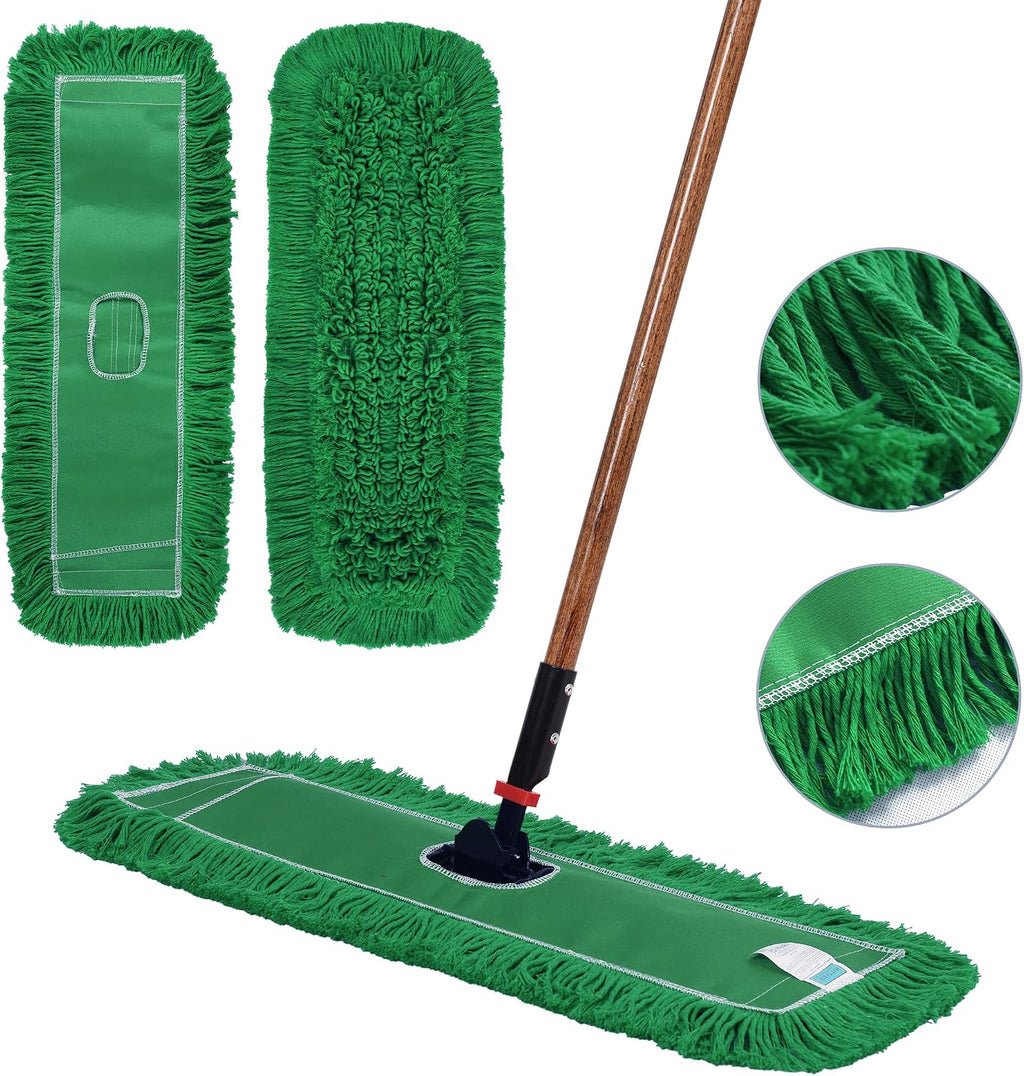 Matthew Cleaning 24'' Industrial Strength Cotton Dust Mop Refill Washable Replacement Heads for Residential & Commercial Use Fit Standard Dust Mop Frames, Hardwood,Concrete Floors Green 12 Pack