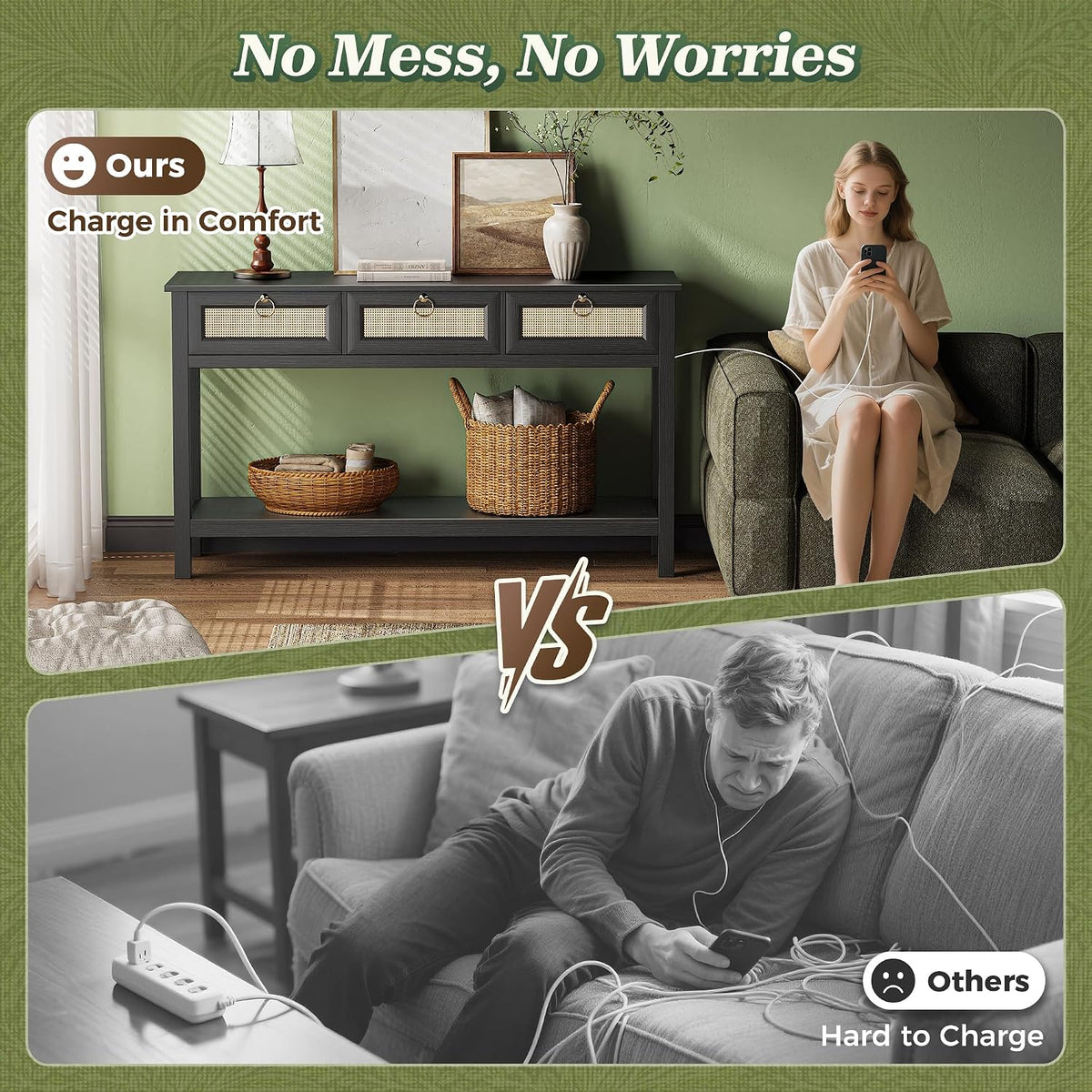 SUPERJARE Rattan Console Sofa Table with Outlets, USB-C Port and 3 Drawers