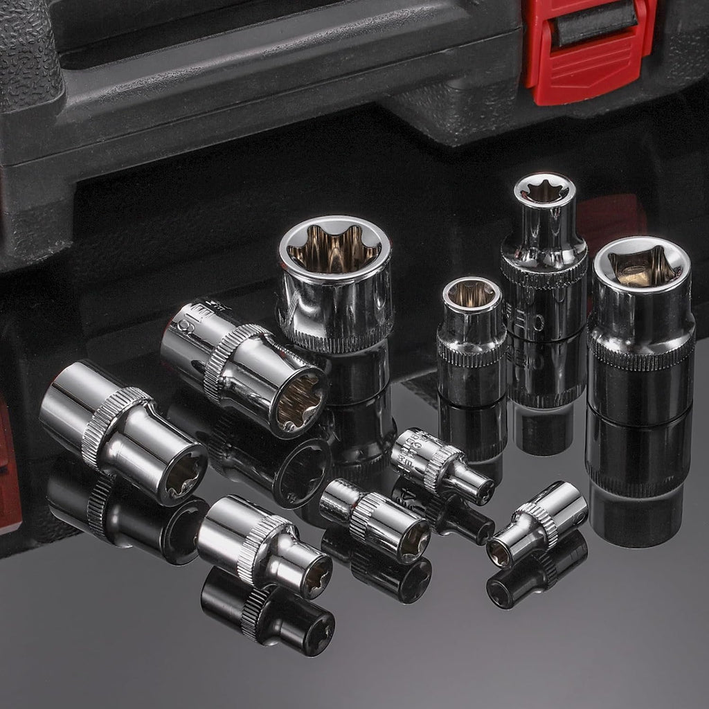 HARFINGTON 5pcs E-Torx Socket 3/8" Drive E18 Star Female Socket 1.1" Length