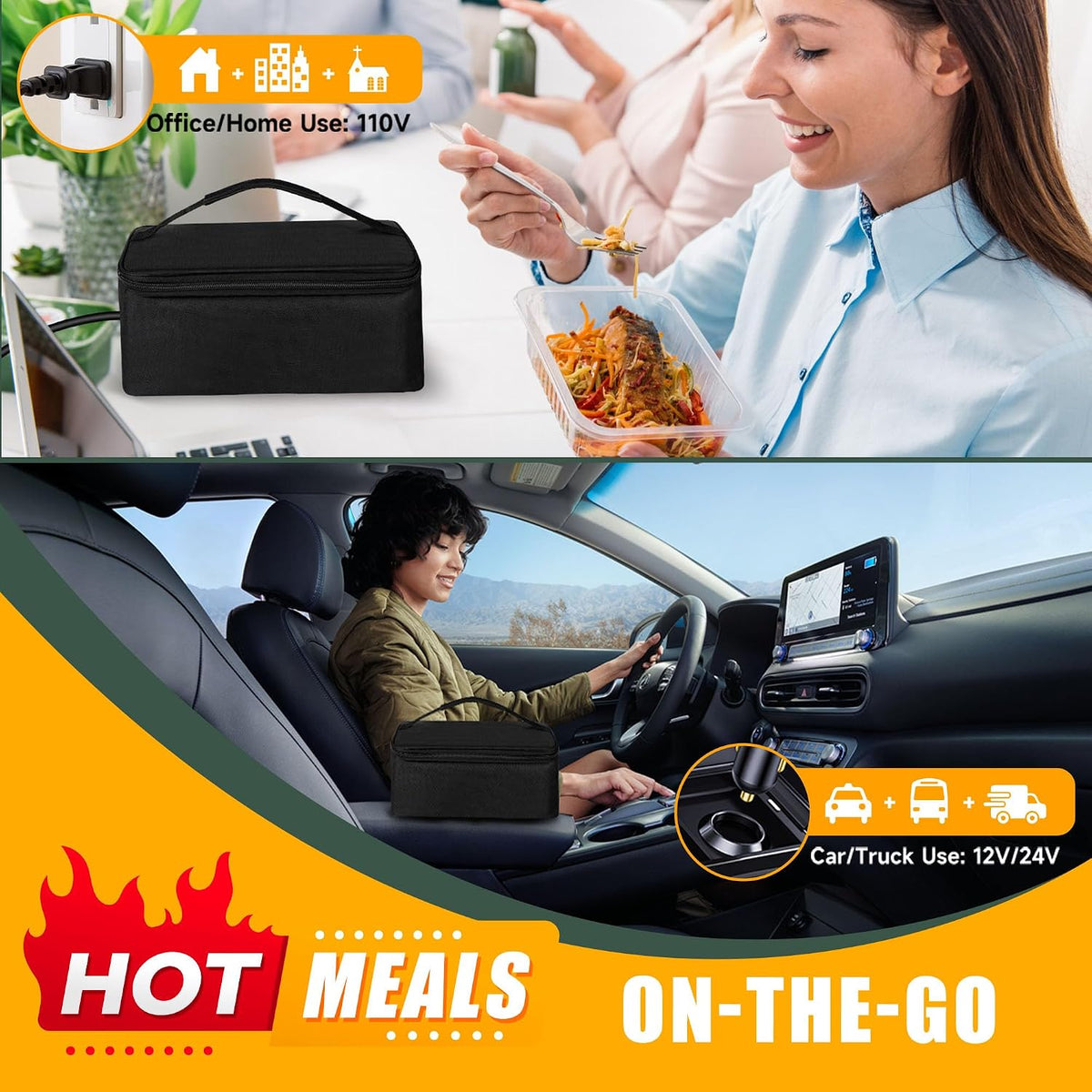 Portable Oven 100W Food Warmer, 12V/24V/110V Electric Lunch Box Food Heater for Adults, 3-in-1 Personal Microwave Oven/Heated Lunch Box for Car/Truck/Home/Office/Travel/Hotel/Outdoor Use