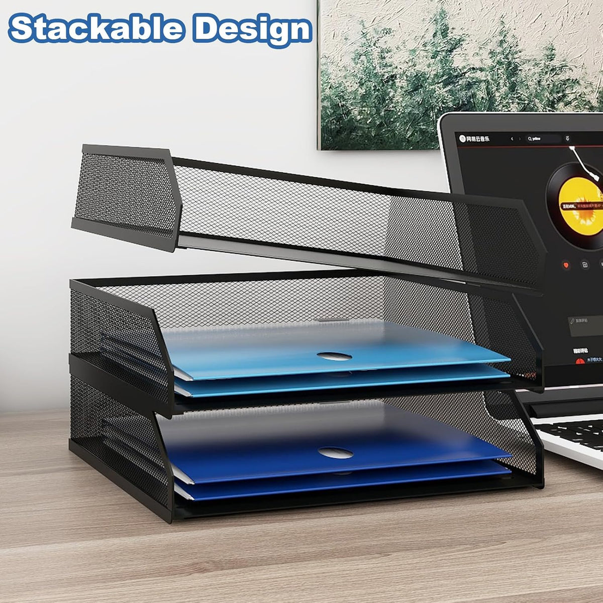 3-Tier Stackable Metal Mesh Paper Organizer with Sliding Tray,Black
