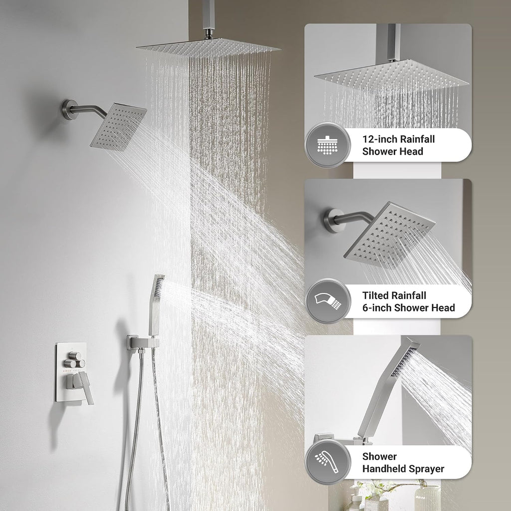 Dasan Brushed Nickel Dual Shower Heads System with Ceiling 12-Inch Rainfall Shower & Wall Mount 6-Inch High Pressure Shower Head, Full Body Dual Shower Head Set