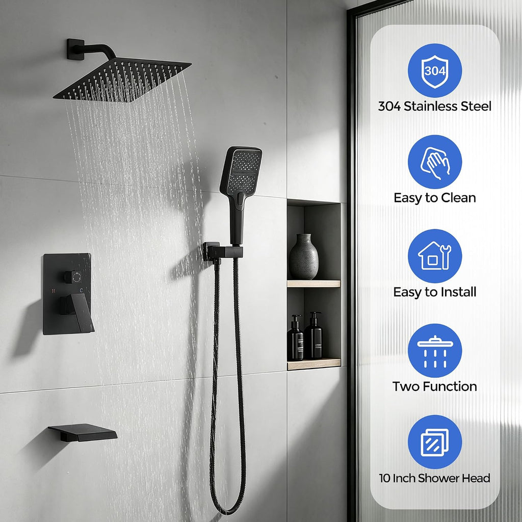 Wall Mount 3-Function Tub Shower Faucet Set, Matte Black