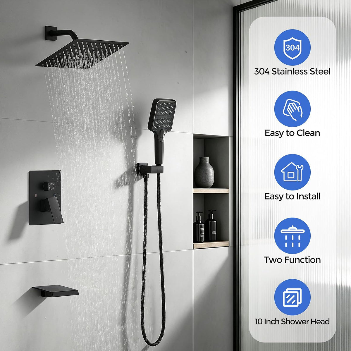 Wall Mount 3-Function Tub Shower Faucet Set, Matte Black