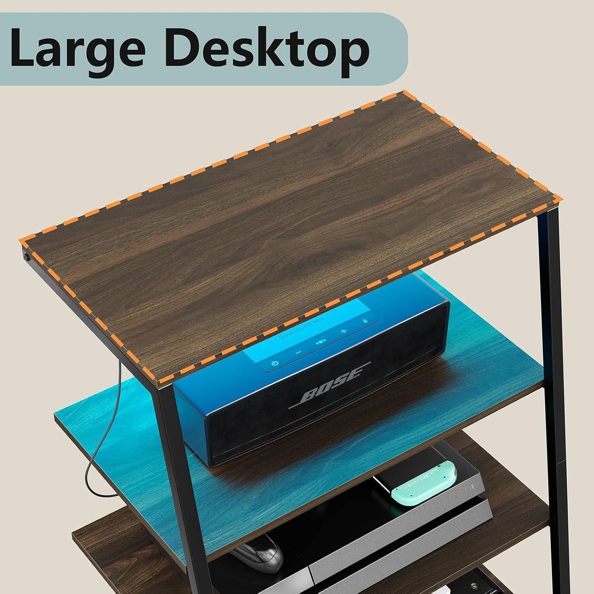 4-Tier AV Media Stand with Charge Station, Corner TV Stand with LED Lights, Rack Audio Tower, Corner Entertainment Center, Stereo Cabinet for/Apple TV/Xbox One/ps4 (Walnut)