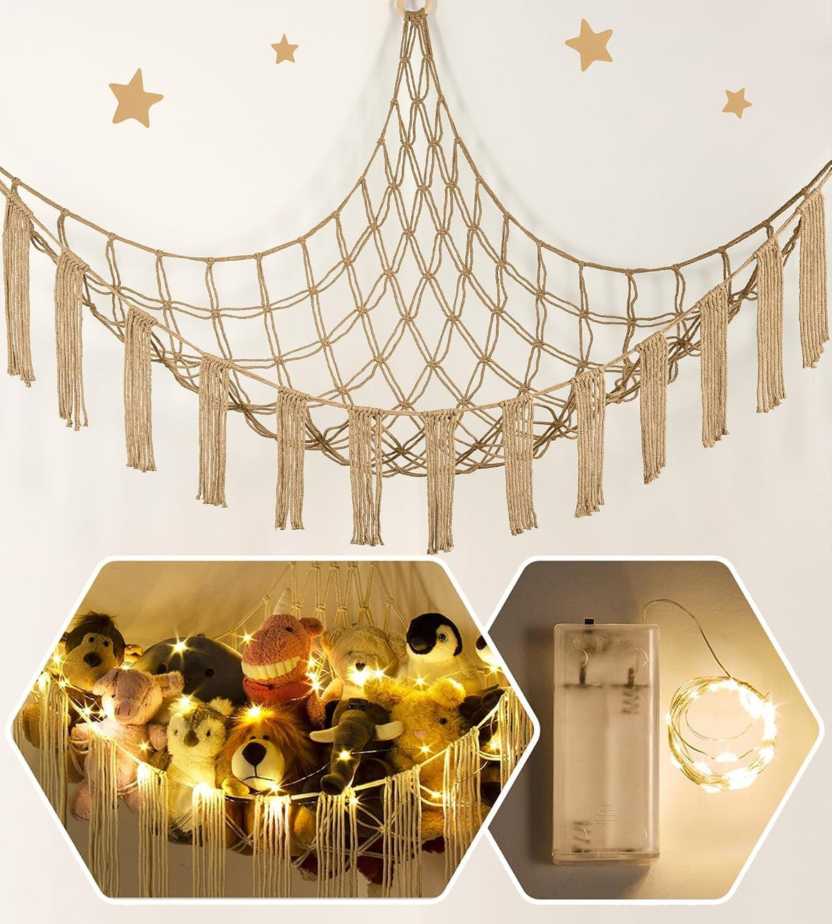 RelaxScene Stuffed Animal Storage Hammock Corner X-Large with LED Light - Baby Hammock Hanging Holder Plushies Net for Stuff Animals Organizer - Cute Room Decor Aesthetic Kids Toddler Nursery Bedroom
