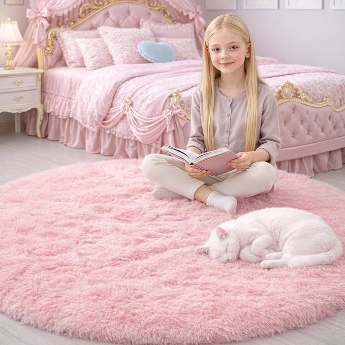 Pink Fluffy Round Rug 5Ft for Girls Bedroom Decor Aesthetic, Shaggy Circle Area - Image 5