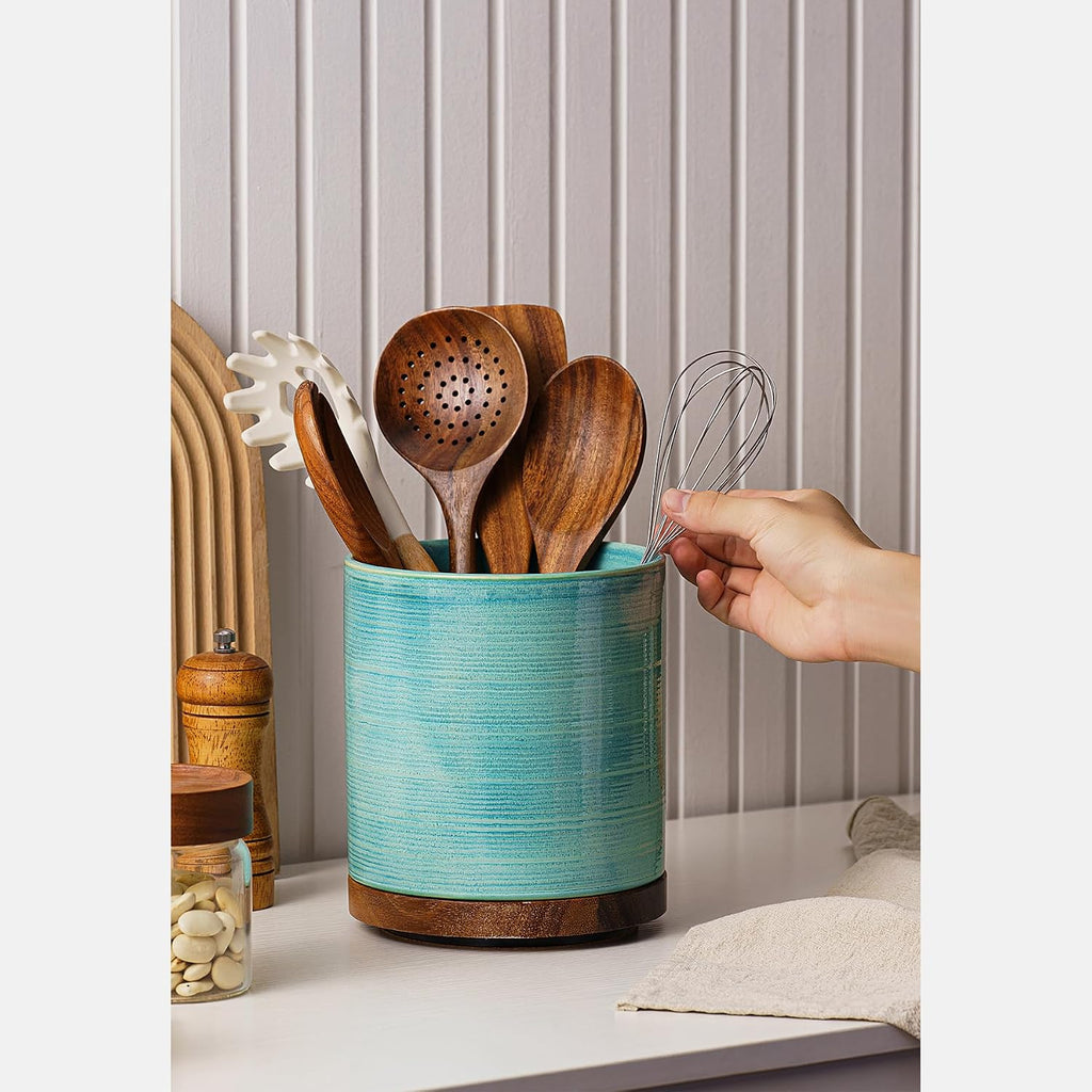 Utensil Holder, 360° Rotating Extra Large Ceramic Kitchen Utensil Holder for Countertop, Cooking Utensil Crocks for Counter with Rotatable Wooden Base, Farmhouse Kitchen Decor, Green