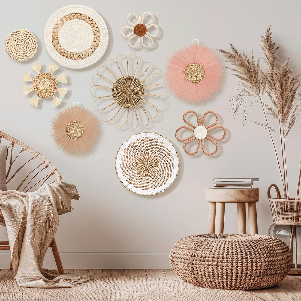 Chunful 9 Pcs Boho Nursery Wall Decor Daisy Flower Basket Decor, Pink Brown
