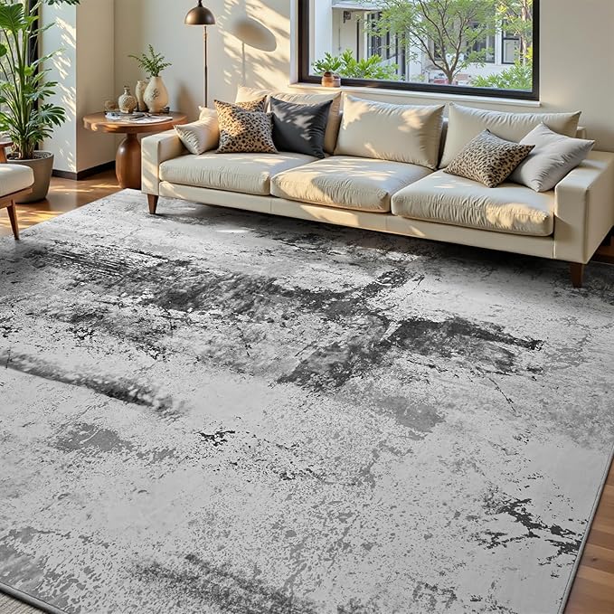 Living Room Rug 7x10 Ink Black Area Rugs Machine Washable Abstract Boho Large by OmpaaHomeDecor