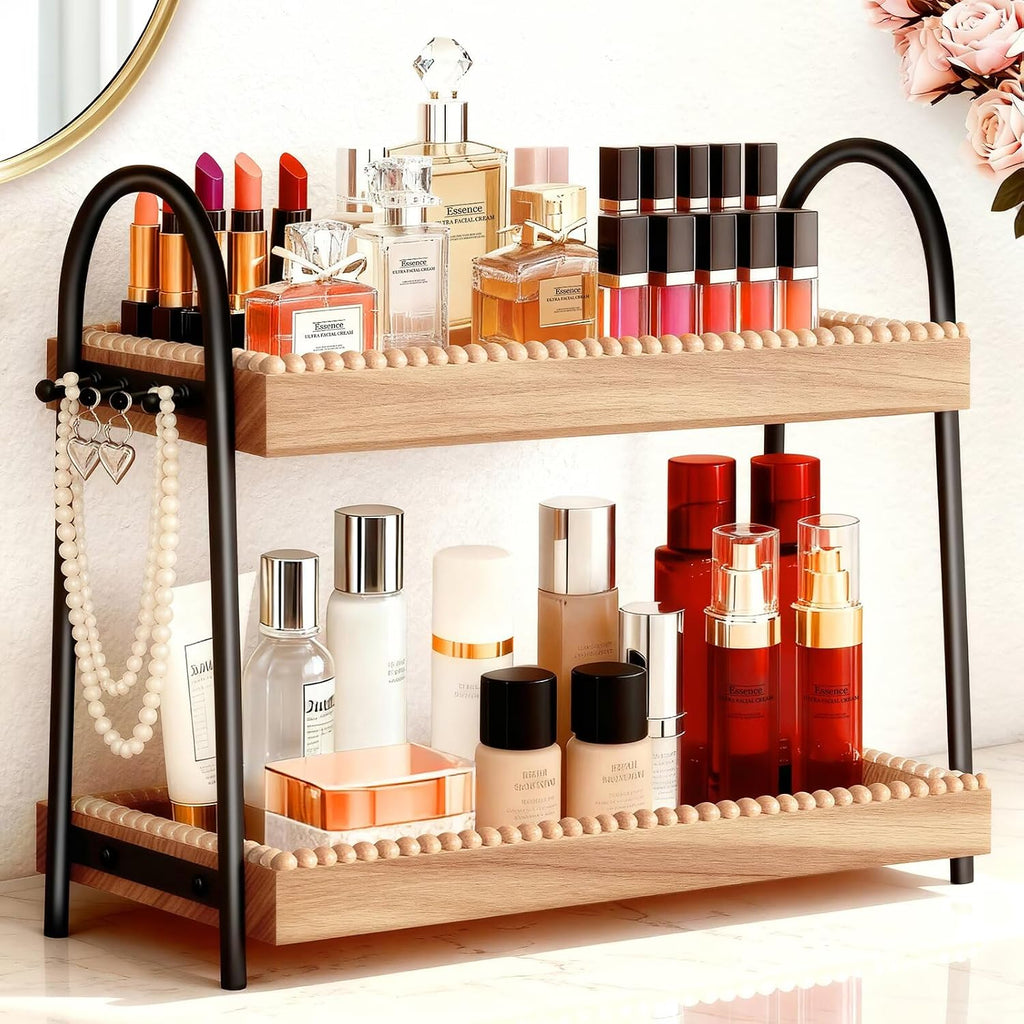 Bathroom Vanity Organizer Countertop 2-Tier Waterproof 20+ Bottles 8 Hooks