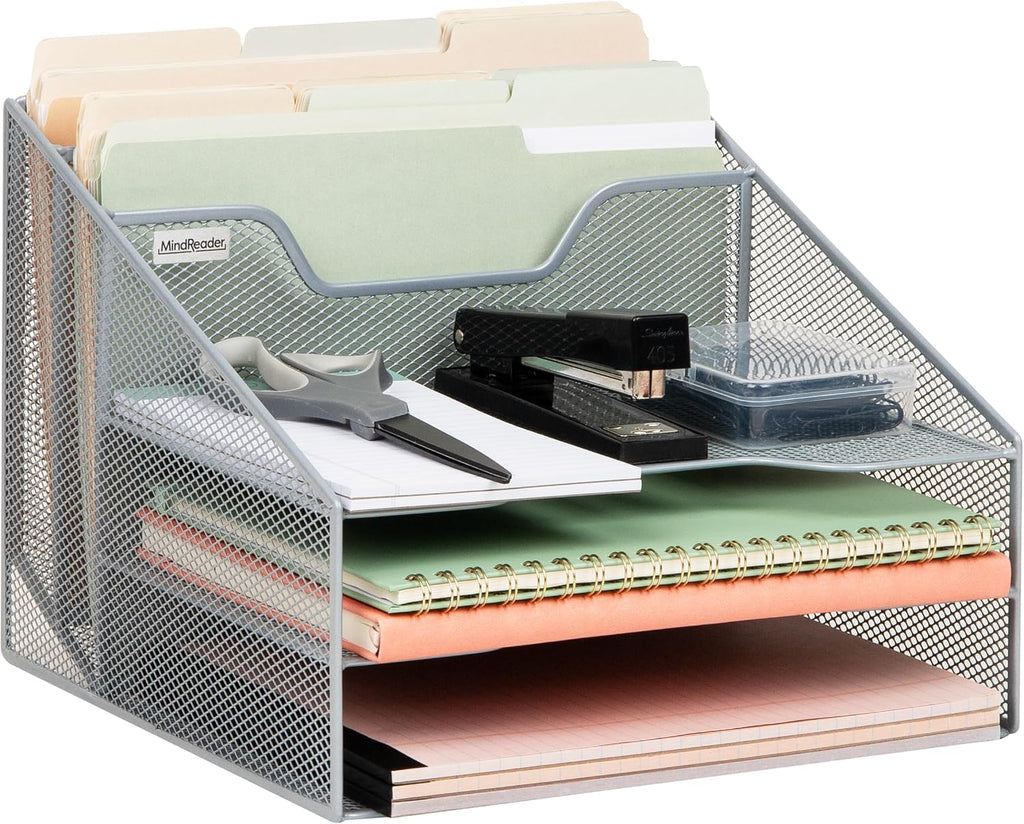 Mind Reader Metal Mesh Desktop File Organizer, 3-Tier Paper Tray with 5 Compartments, Office Mail Sorter, Pink