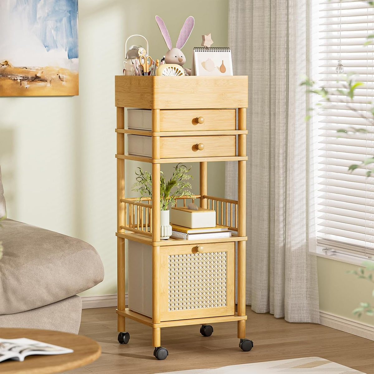 Bamboo Makeup Organizer Cart with 3 Drawers, Floor Skin Care Storage for Bathroom Bedroom, Rolling Vanity Organizer Cart for Cosmetic, Nail Polish, Perfume and Hair Tools