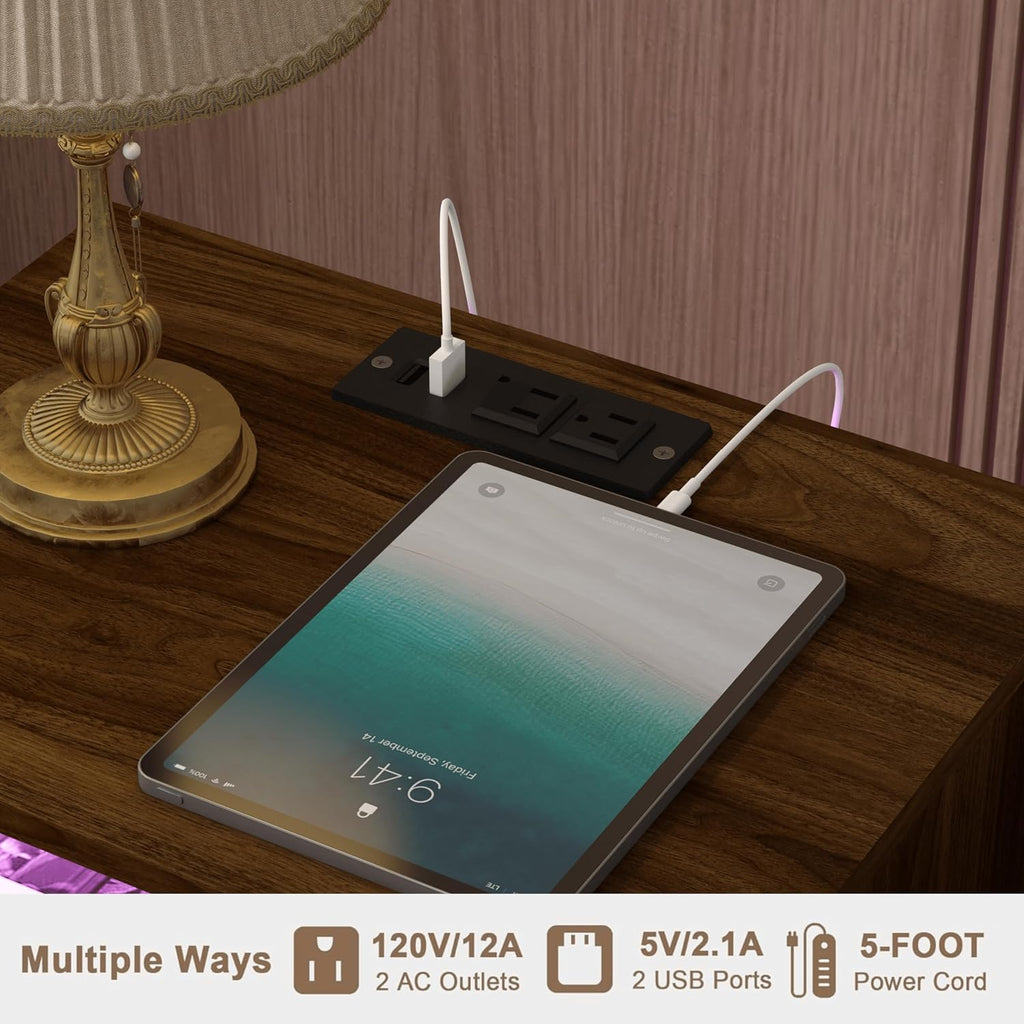 JOONEE Nightstand with Outlet and Led Light, Bedside Table with Storage Drawer, Fluted Side Table for Living Room, Bedroom