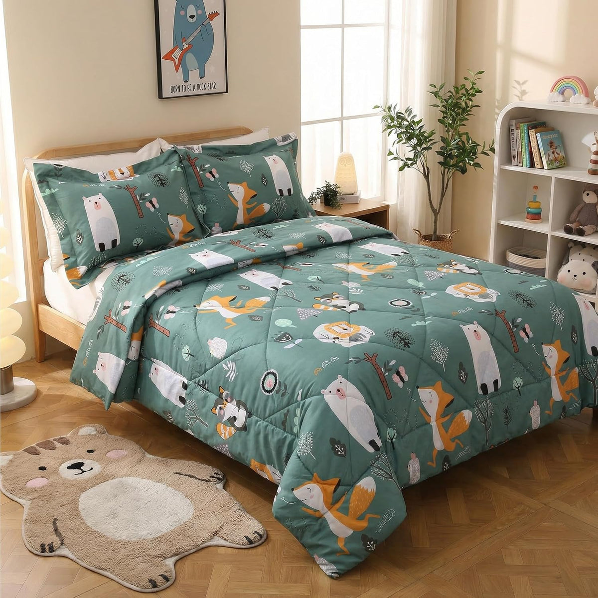 JSD Green Forest Animal Kids Comforter Set Twin Size