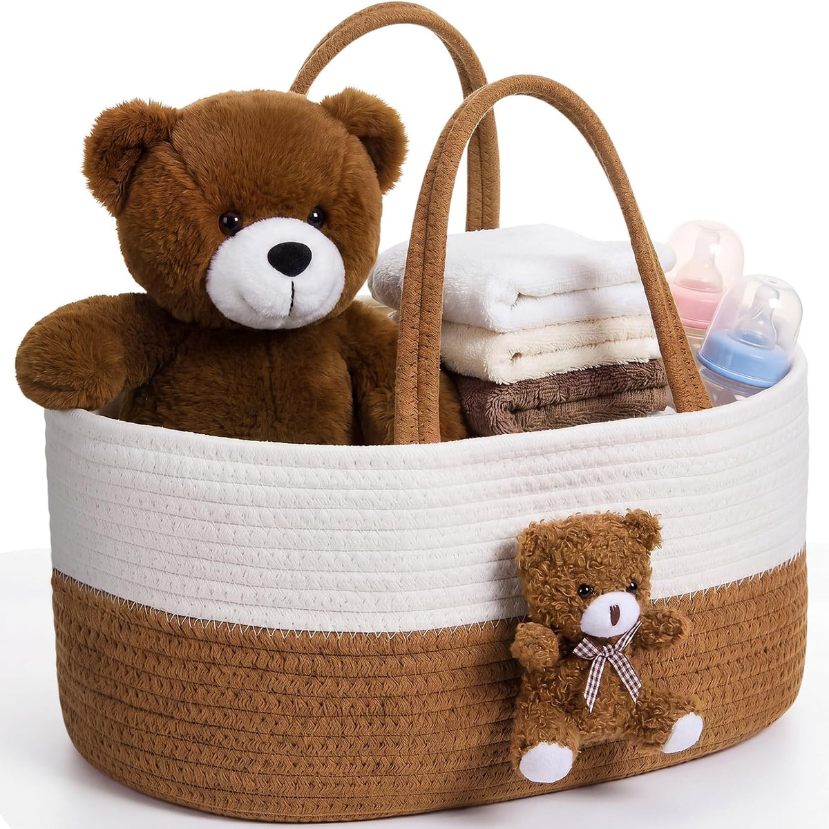 FoldTier Diaper Caddy Organizer Teddy Bear Basket for Nursery with Handle Baby Shower Storage Bin Portable Cotton Rope Gift Bag for Changing Table Cart Car Baby Wipes Newborn Essentials(Gray White)
