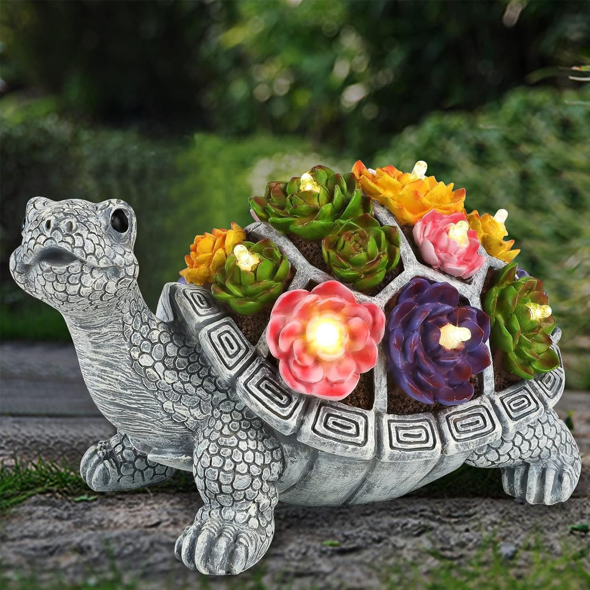 FORUP Turtle Garden Statue, Resin Turtle Figurine Garden Lawn Ornaments with Solar LED Lights for Outdoor Yard Garden Decorations, Grey