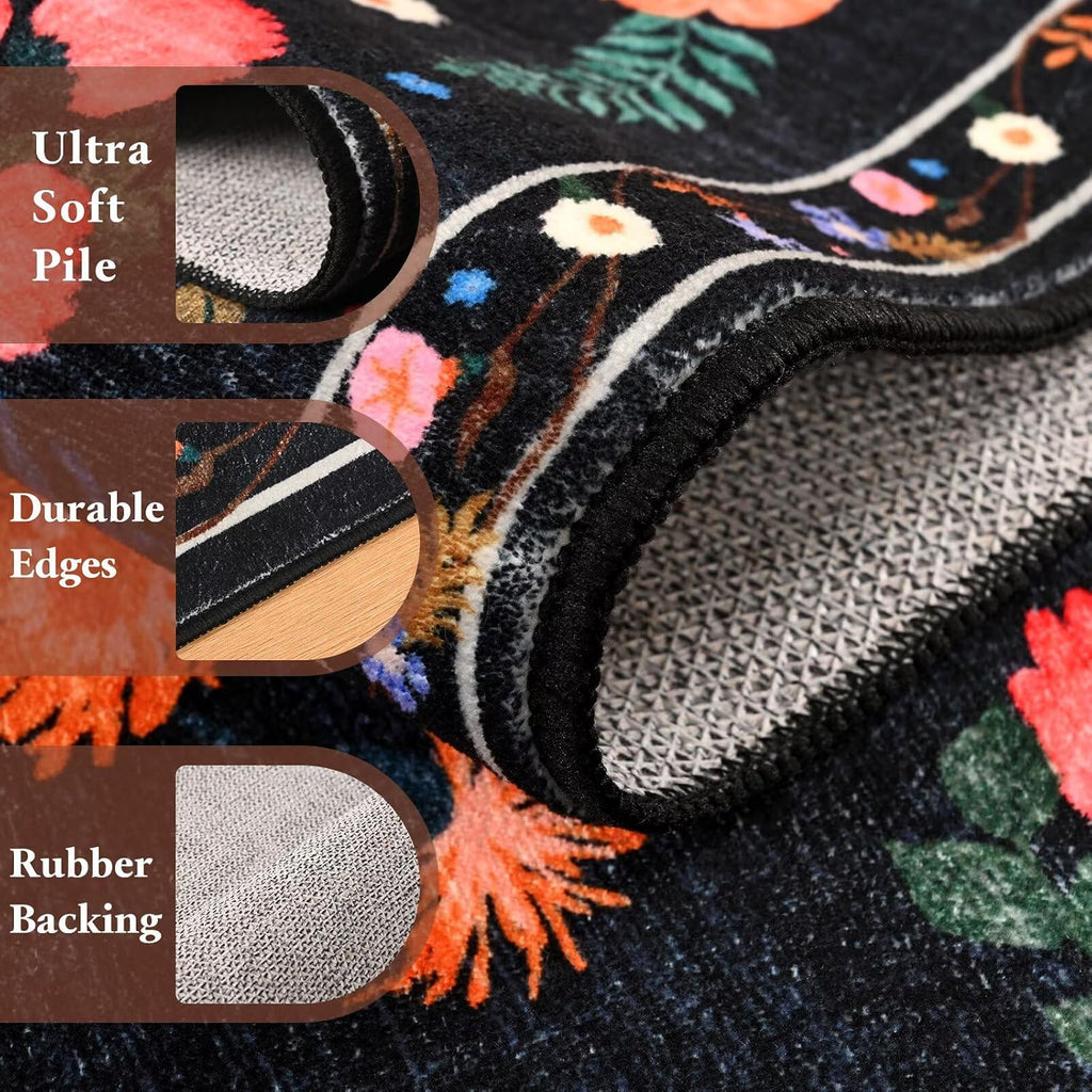 Macgace Floral Area Rug for Living Room, Machine Washable 5x7 Black Rugs