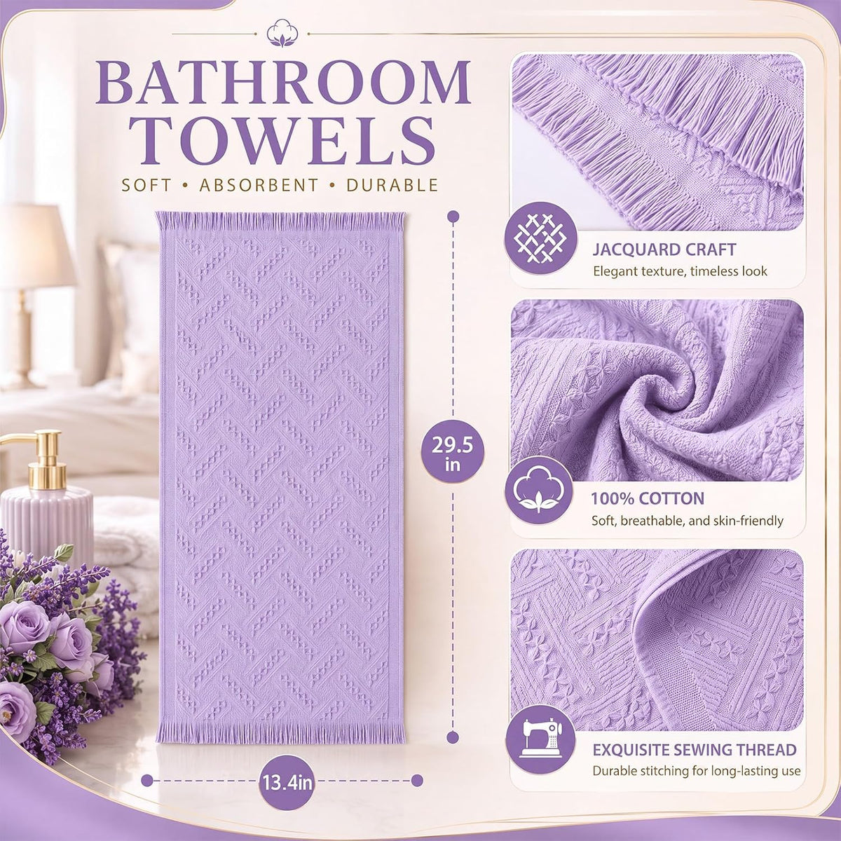 4 Pack Boho Hand Towel for Bathroom Kitchen, Light Purple
