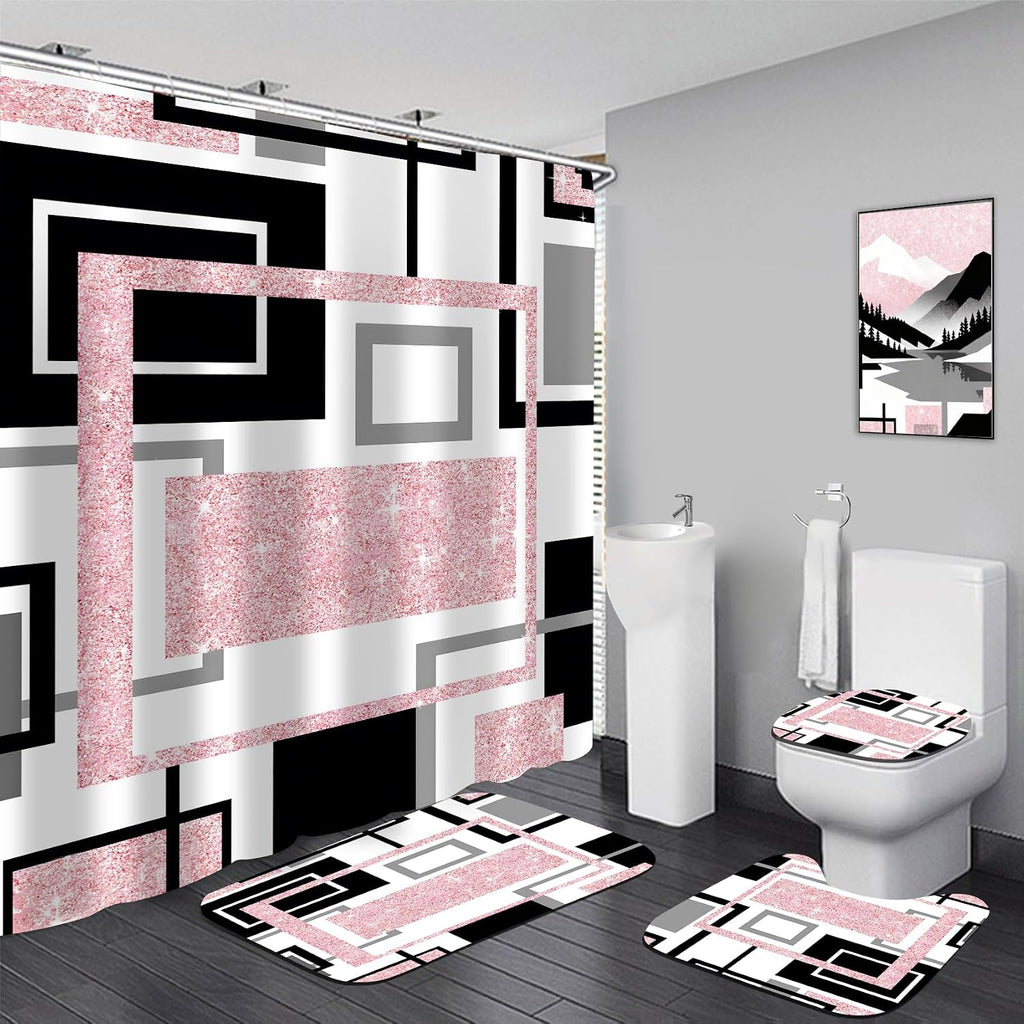 Yddsky 4 Pcs Pink Geometric Shower Curtain Set with Rugs Bathroom Set