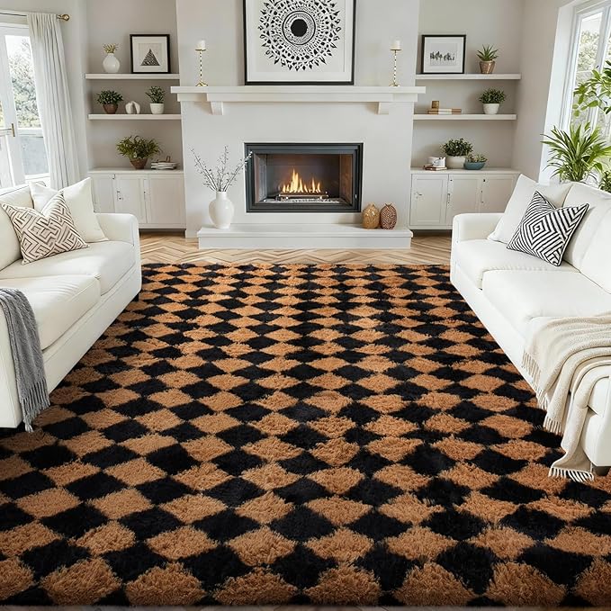 Ophanie Checkered Black & Beige Rhombus Rugs by Ophanie