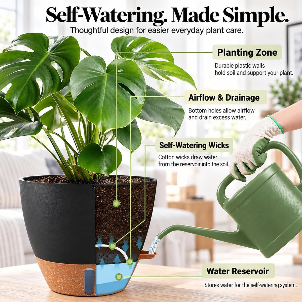 2 Pack 10 inch Plant Pots, Plastic Self Watering Planters