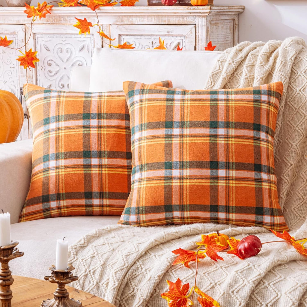 AQOTHES Fall Plaid Orange Green Throw Pillow Covers 18x18 Inch Set of 2