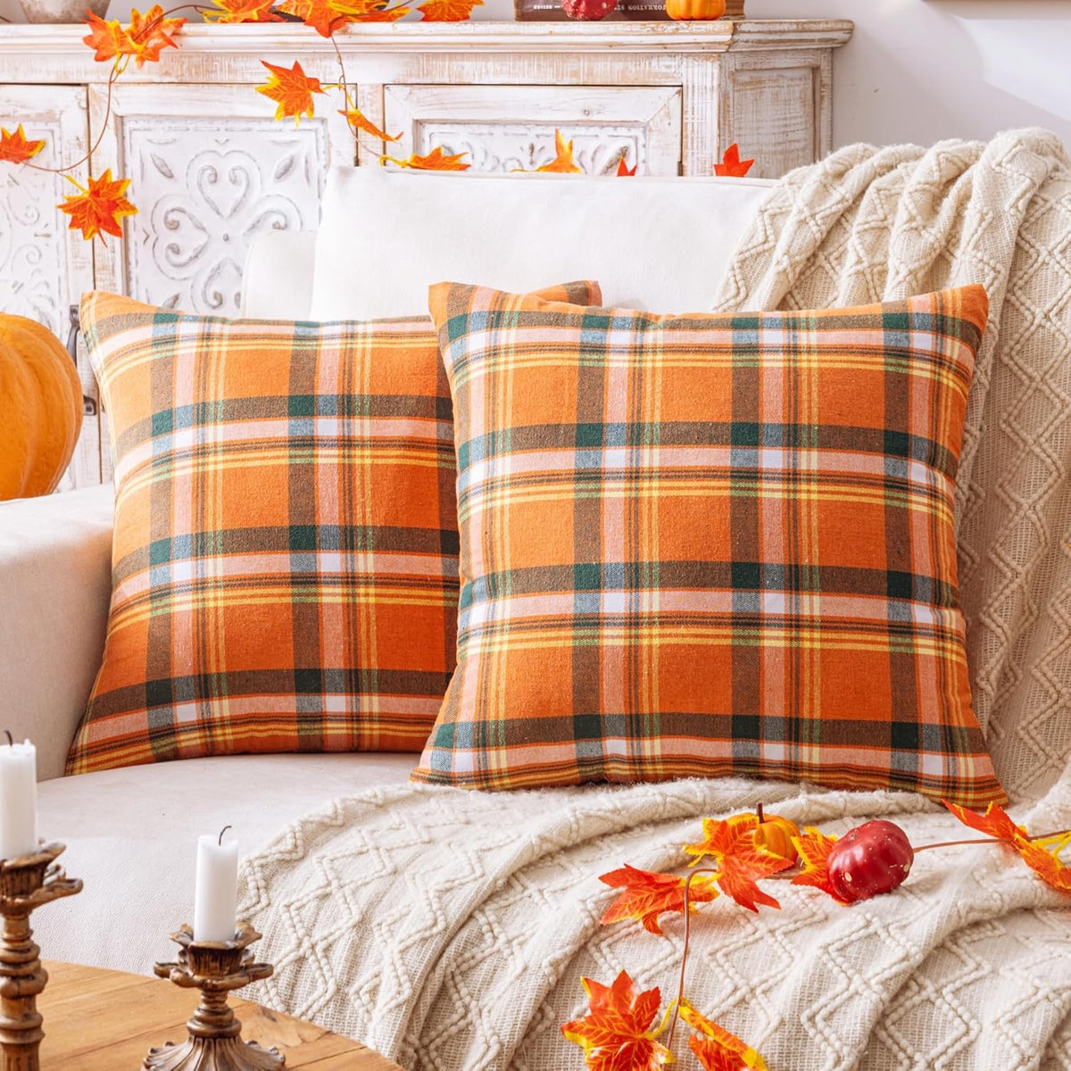 AQOTHES Fall Plaid Orange Green Throw Pillow Covers 18x18 Inch Set of 2