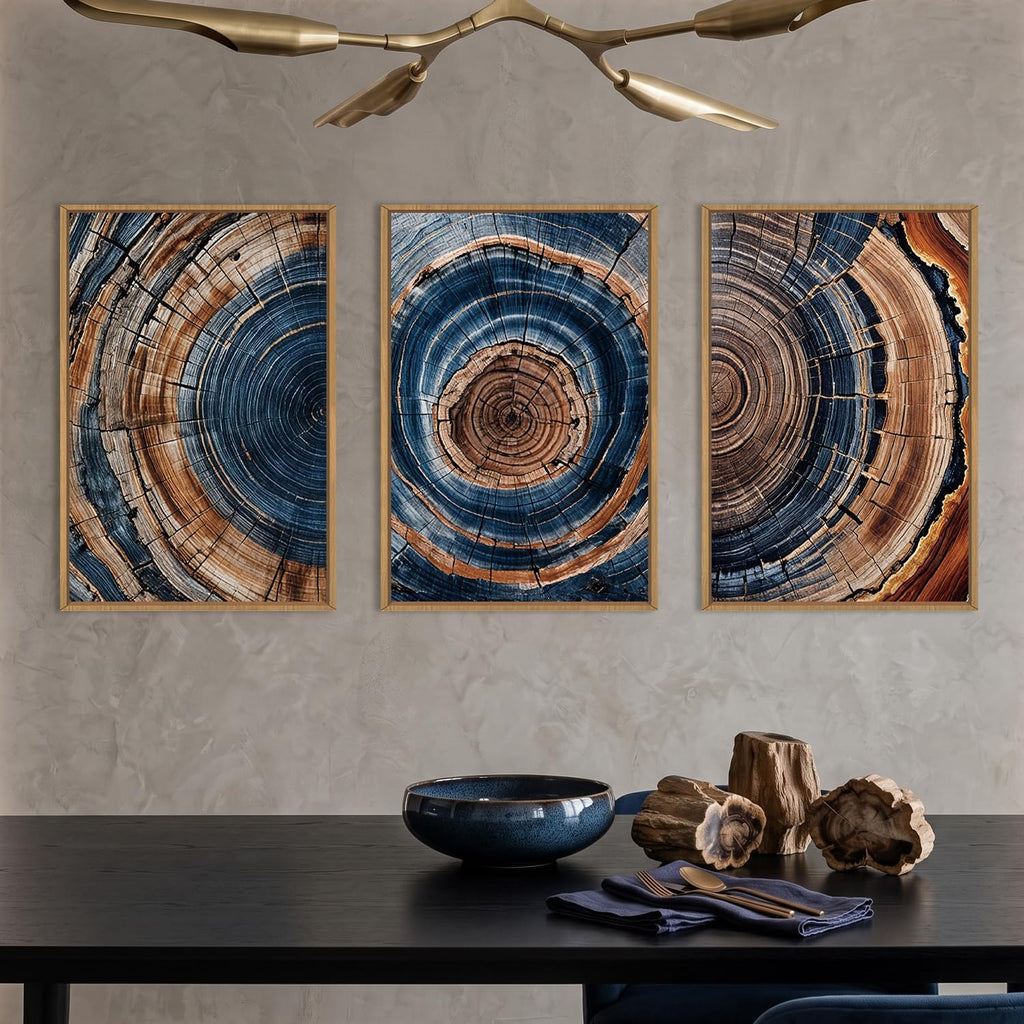 DRACIT Colorful Tree Rings Framed Canvas Wall Art Set,Abstract Blue and Brown Wood Grain Wall Decor,Nature Modern Annual Ring Texture Artwork for Living Room,Bedroom-16 x24 x3
