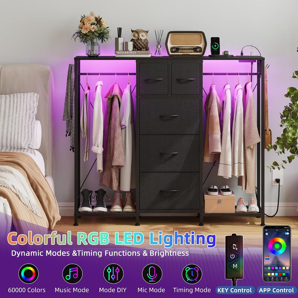 HIGDBFE 5-Drawer Dresser with 2 Hanging Racks, Black, 49.2" W