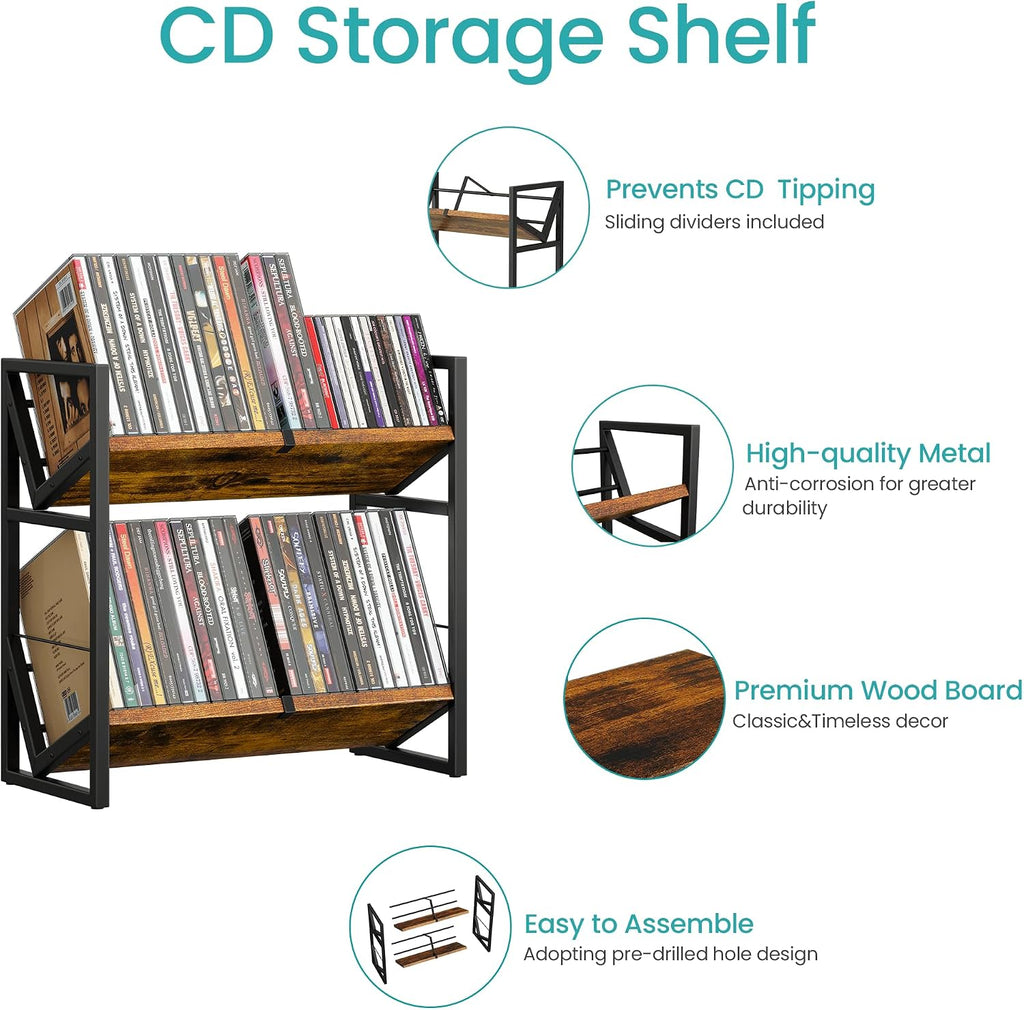 2 Tier CD Storage Rack, Wooden DVD Holder with Adjustable Dividers
