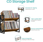 2 Tier CD Storage Rack, Wooden DVD Holder with Adjustable Dividers