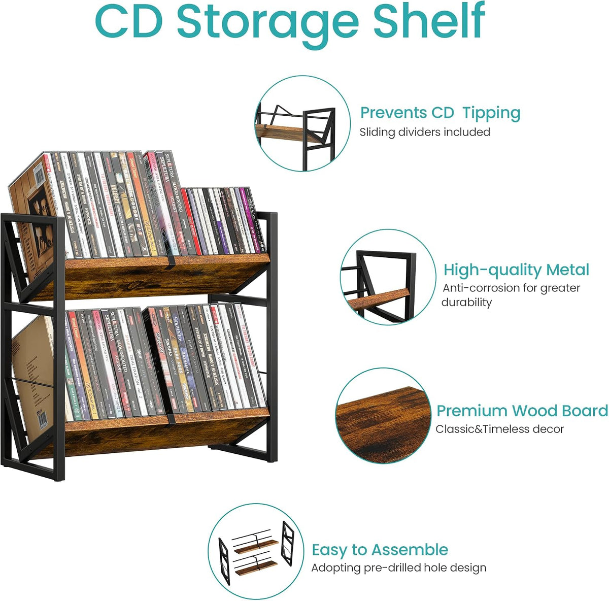 2 Tier CD Storage Rack, Wooden DVD Holder with Adjustable Dividers
