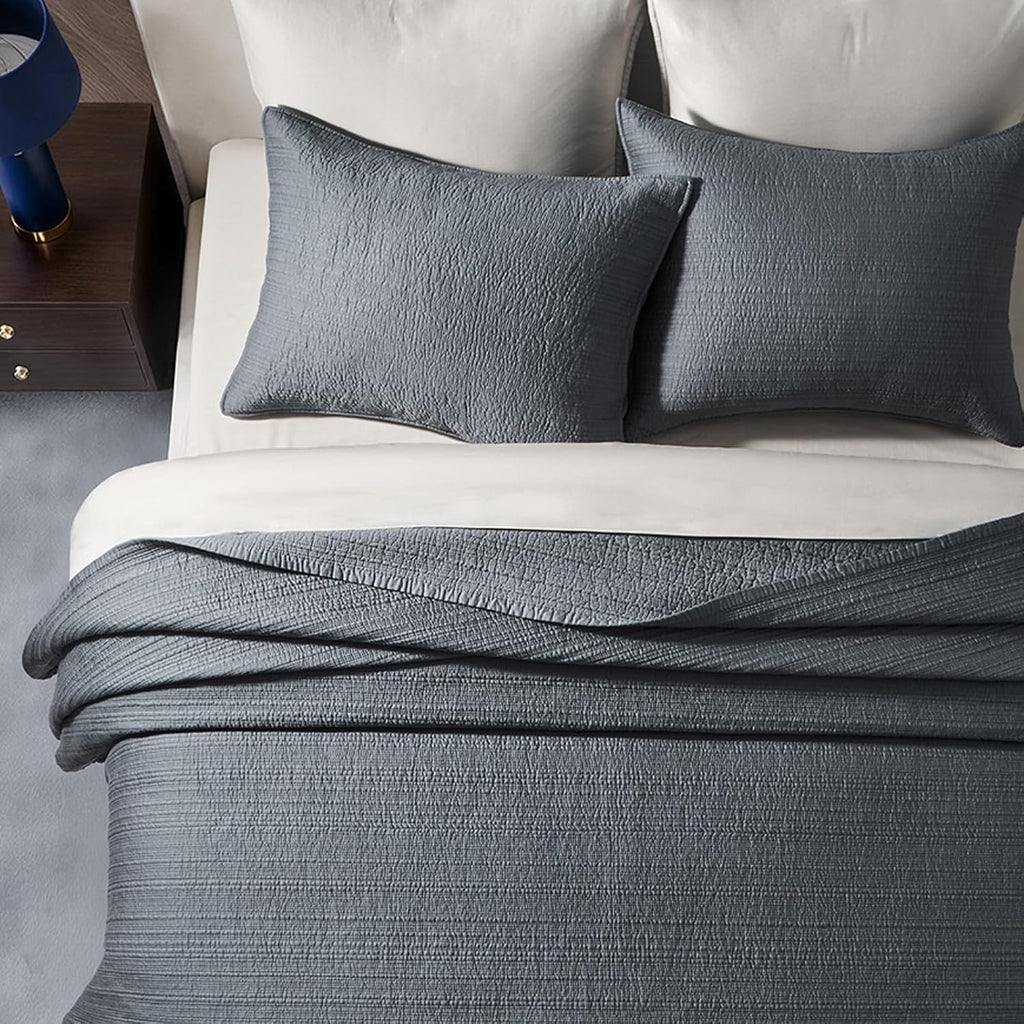 EVERGRACEHOME Cotton Sateen Channel Quilt Set, Queen Size, Midnight Blue