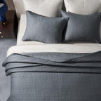 EVERGRACEHOME Cotton Sateen Channel Quilt Set, Queen Size, Midnight Blue