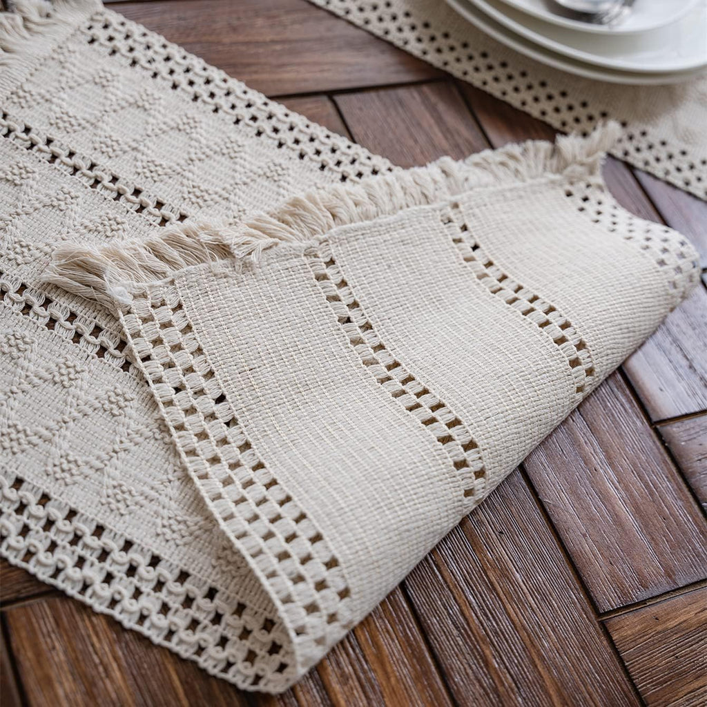Macrame Table Runner Cream Beige Boho Table Runners with Tassels 12x71in