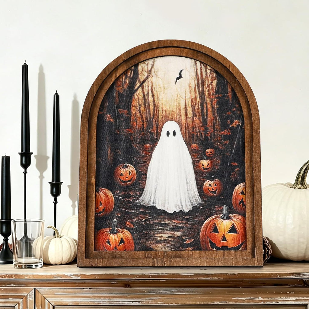 DAZONGE Halloween Wood Framed Arch Sign, Haunted Halloween Ghost Decor